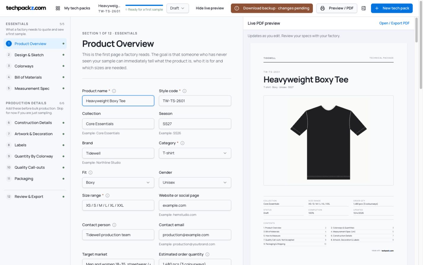 Techpackz editor with a T-shirt tech pack and live PDF preview