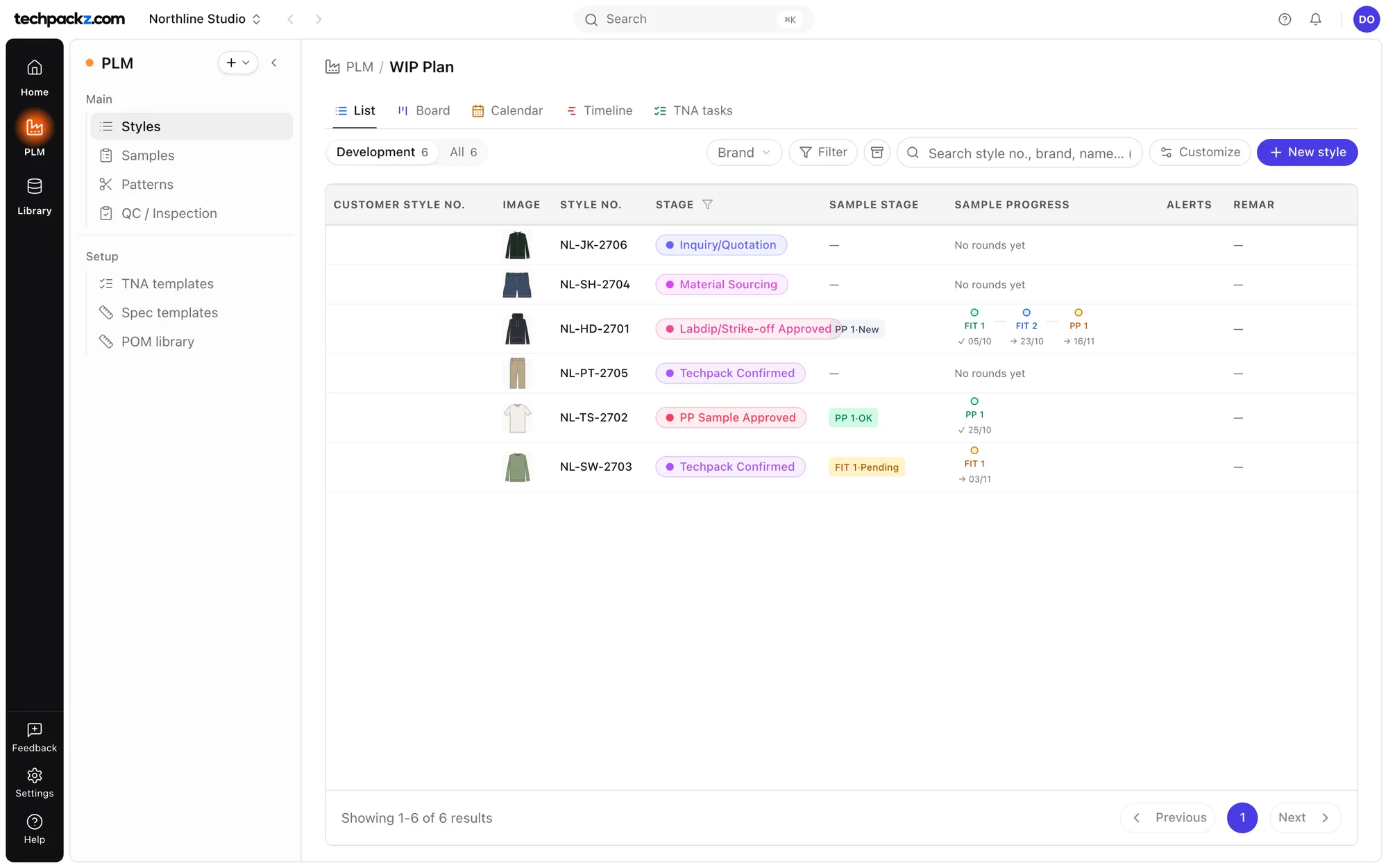 Techpackz PLM style list with stage, sample stage and sample rounds for six styles