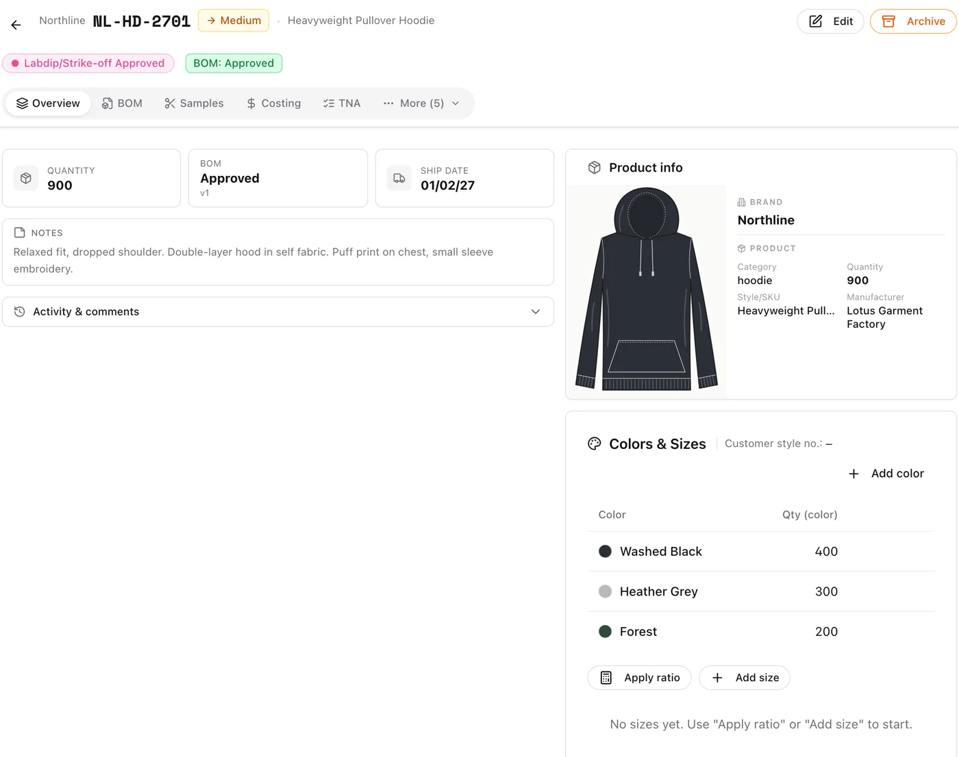 Style page for a hoodie: quantity, approved BOM, ship date, colourways and factory